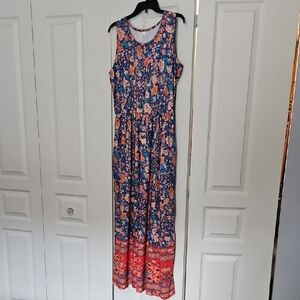 Floral Sleeveless Maxi Dress in Navy and Coral